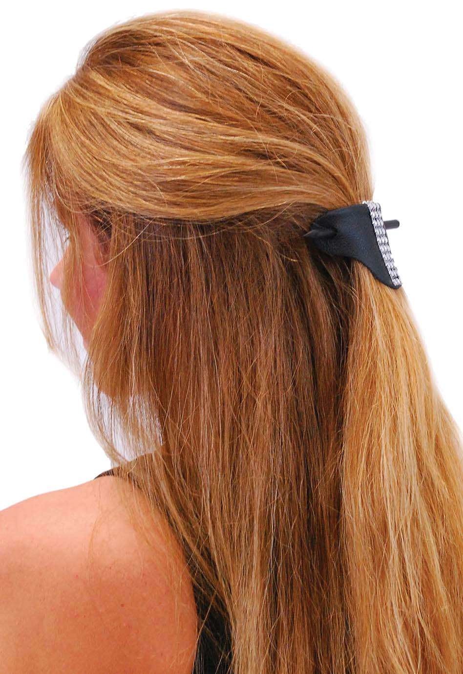 Black Leather Stick Barrette w/Crystal Stripe #AH14050SIL () - Image 3