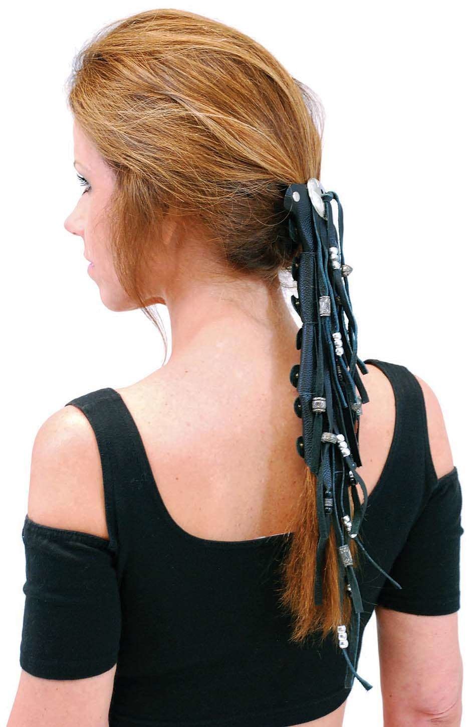 10.5" Extra Long Silver Beaded Black Leather Hair Tube #AHW6543FBS - Image 3