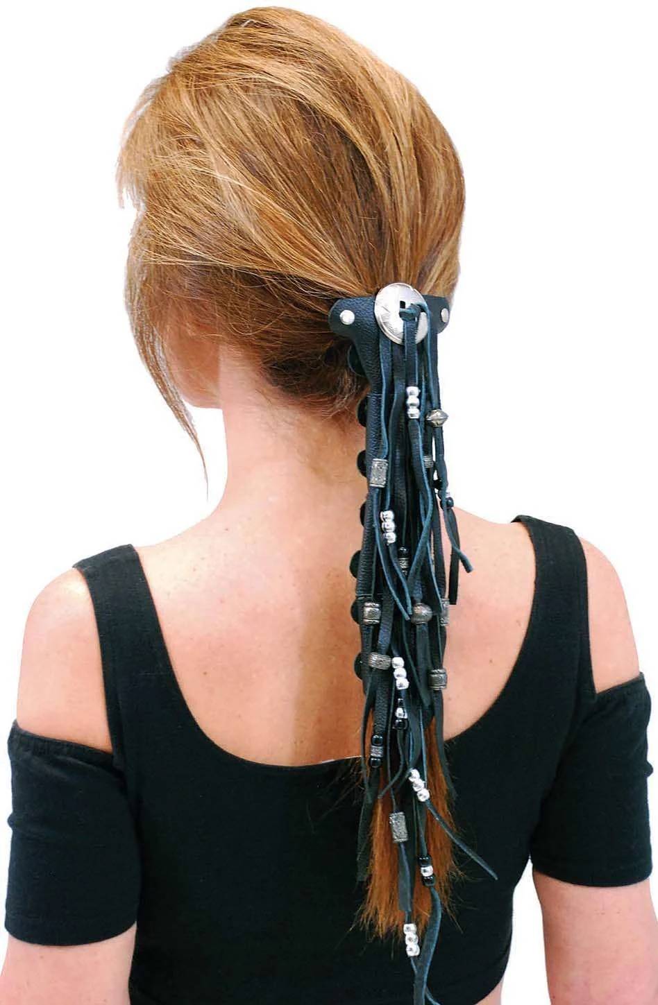 10.5" Extra Long Silver Beaded Black Leather Hair Tube #AHW6543FBS - Image 4