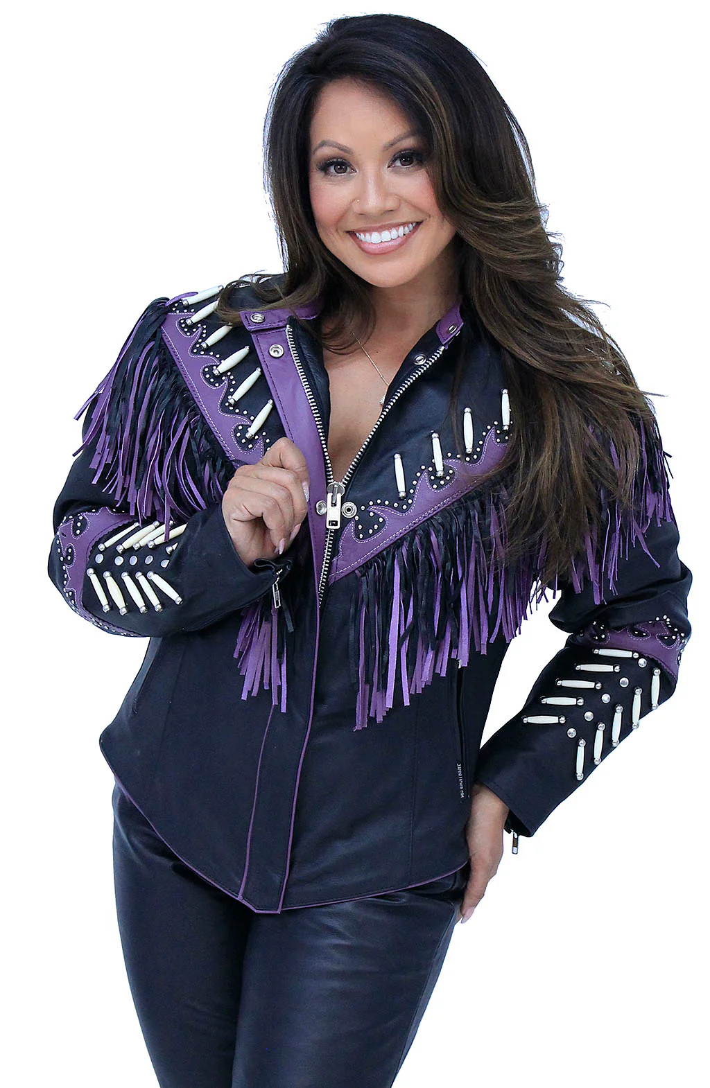 Genuine Bone & Purple Fringe Leather Jacket #L1616FBPUR - Image 3