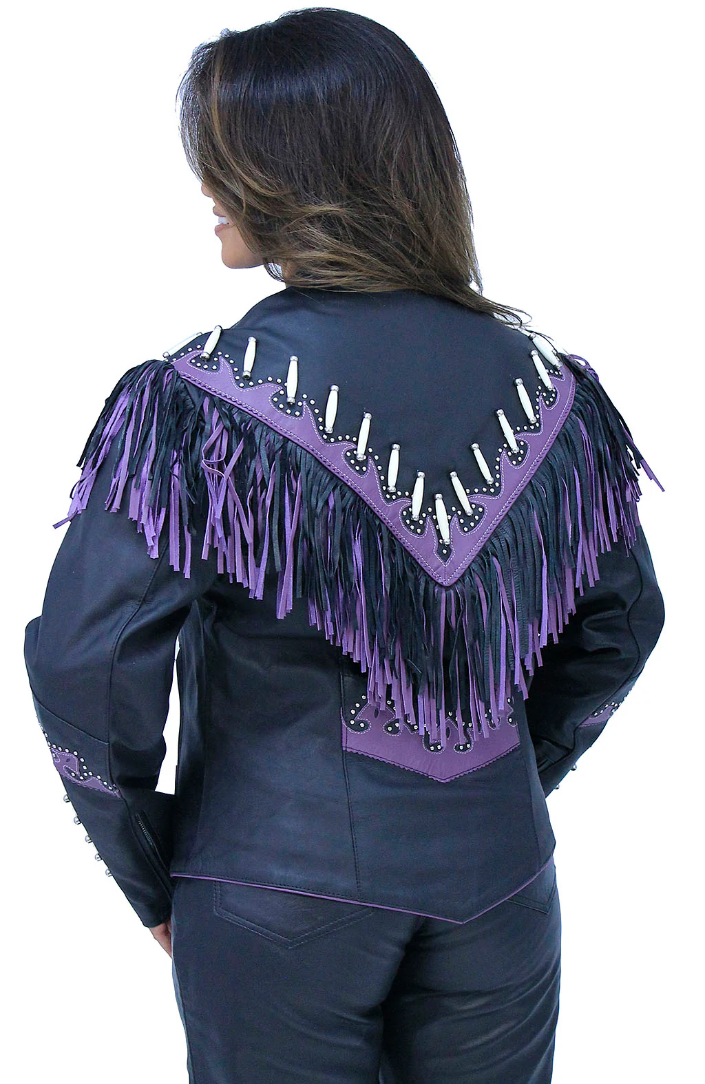 Genuine Bone & Purple Fringe Leather Jacket #L1616FBPUR - Image 4