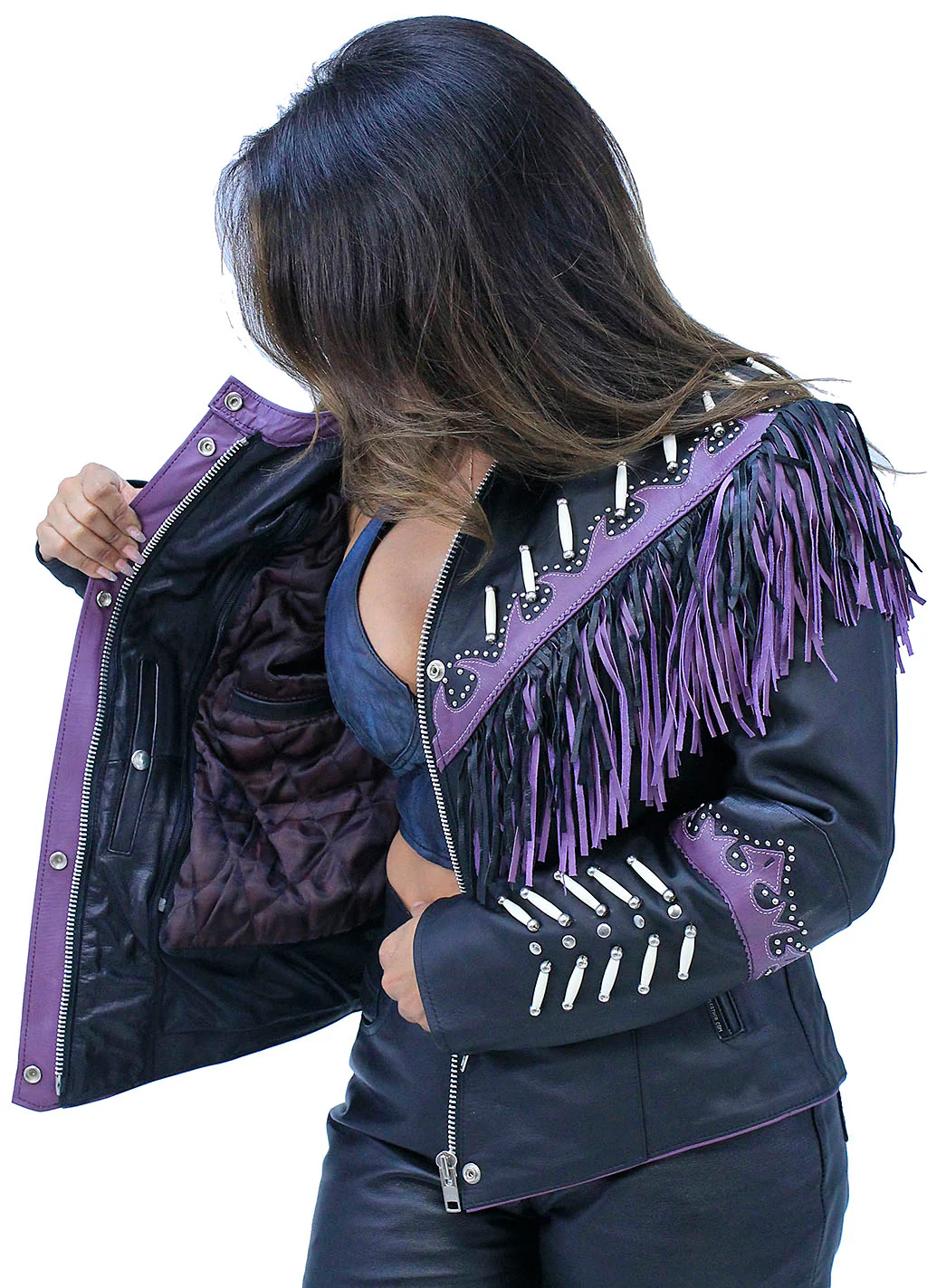 Genuine Bone & Purple Fringe Leather Jacket #L1616FBPUR - Image 5