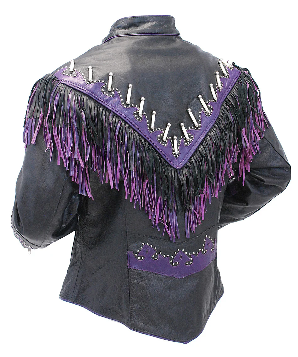 Genuine Bone & Purple Fringe Leather Jacket #L1616FBPUR - Image 7