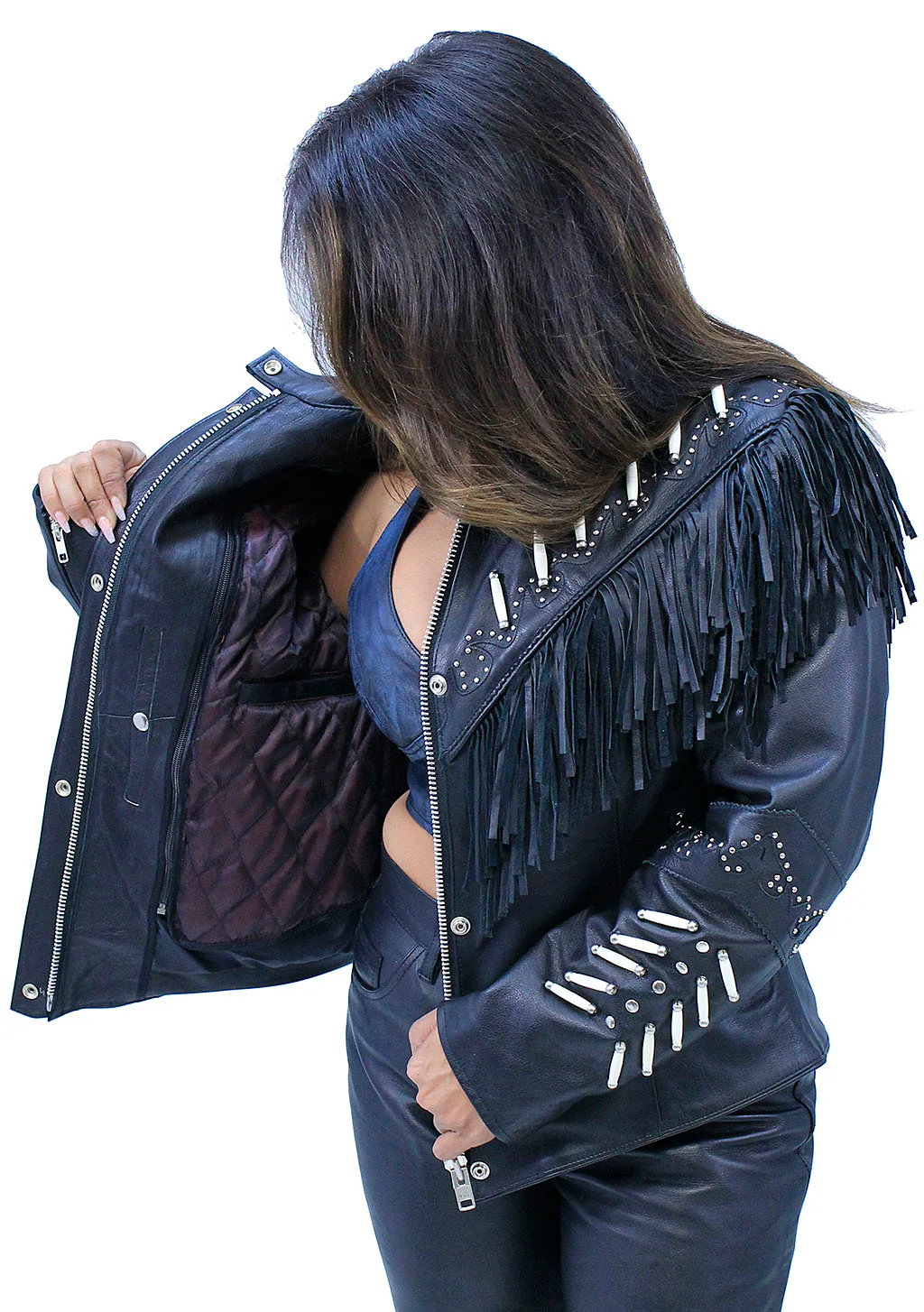 Genuine Bone Studded Fringe Leather Jacket #L1615FBK - Image 4