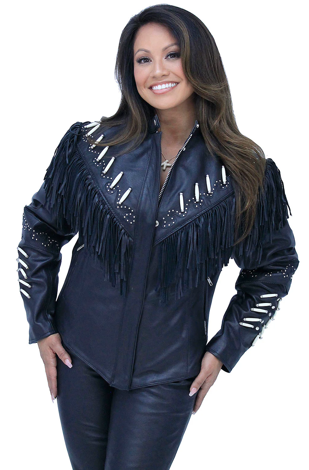 Genuine Bone Studded Fringe Leather Jacket #L1615FBK - Image 5