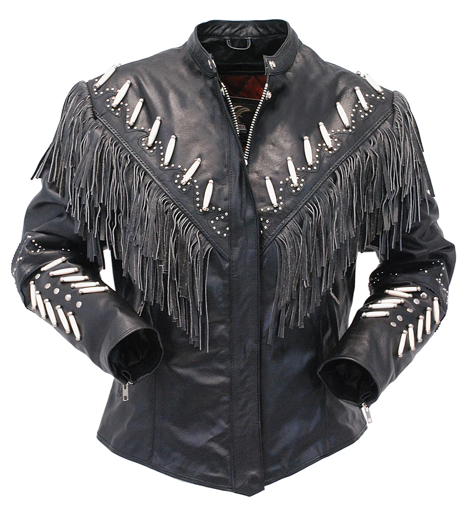 Genuine Bone Studded Fringe Leather Jacket #L1615FBK - Image 7