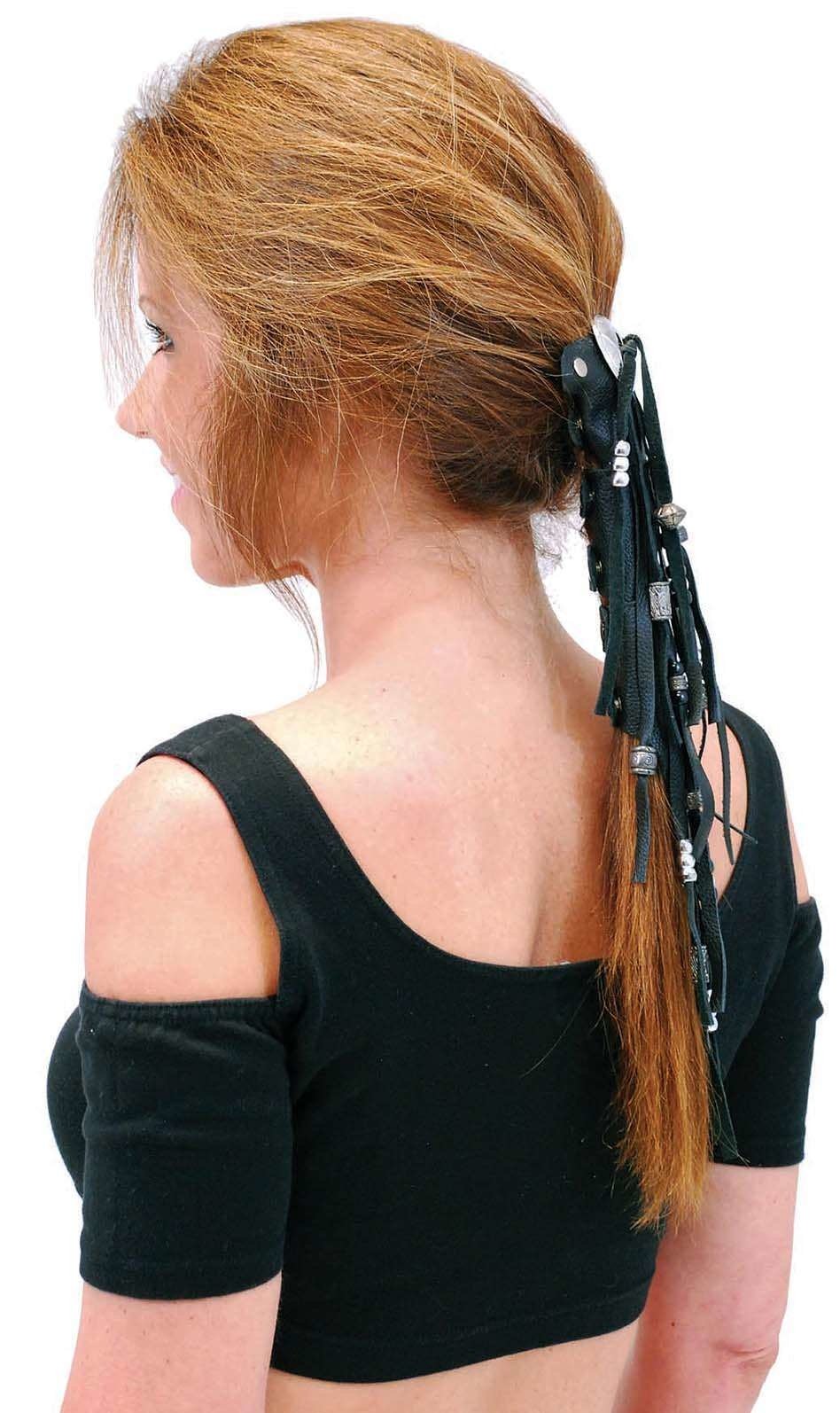 8" Long Silver Beaded Leather Hair Tube #AHW654FBS - Image 3