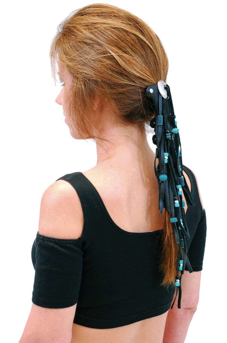 Extra Long Turquoise Beaded Black Leather Hair Tube #AHW6543FBT - Image 3