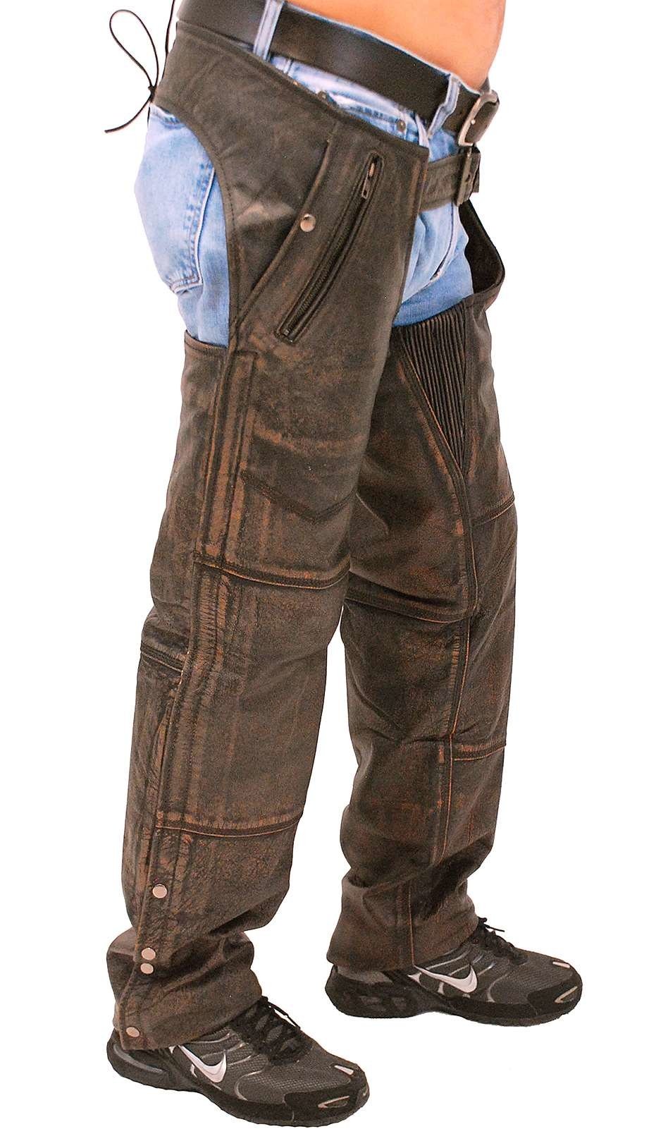 4 Pocket Vintage Distressed Brown Leather Chaps w/Removable Lining #CA5500ZDN - Image 3