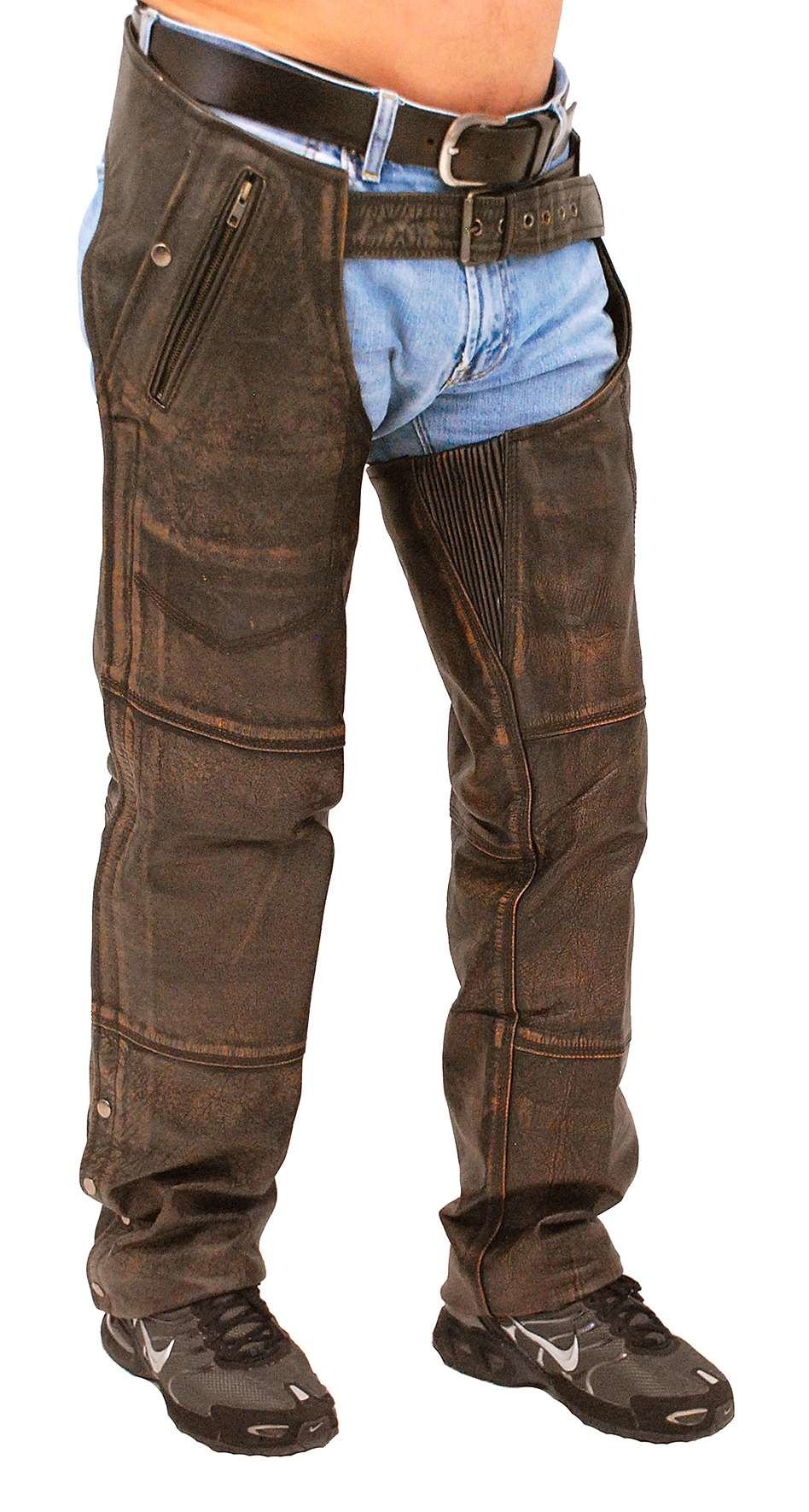 4 Pocket Vintage Distressed Brown Leather Chaps w/Removable Lining #CA5500ZDN - Image 5