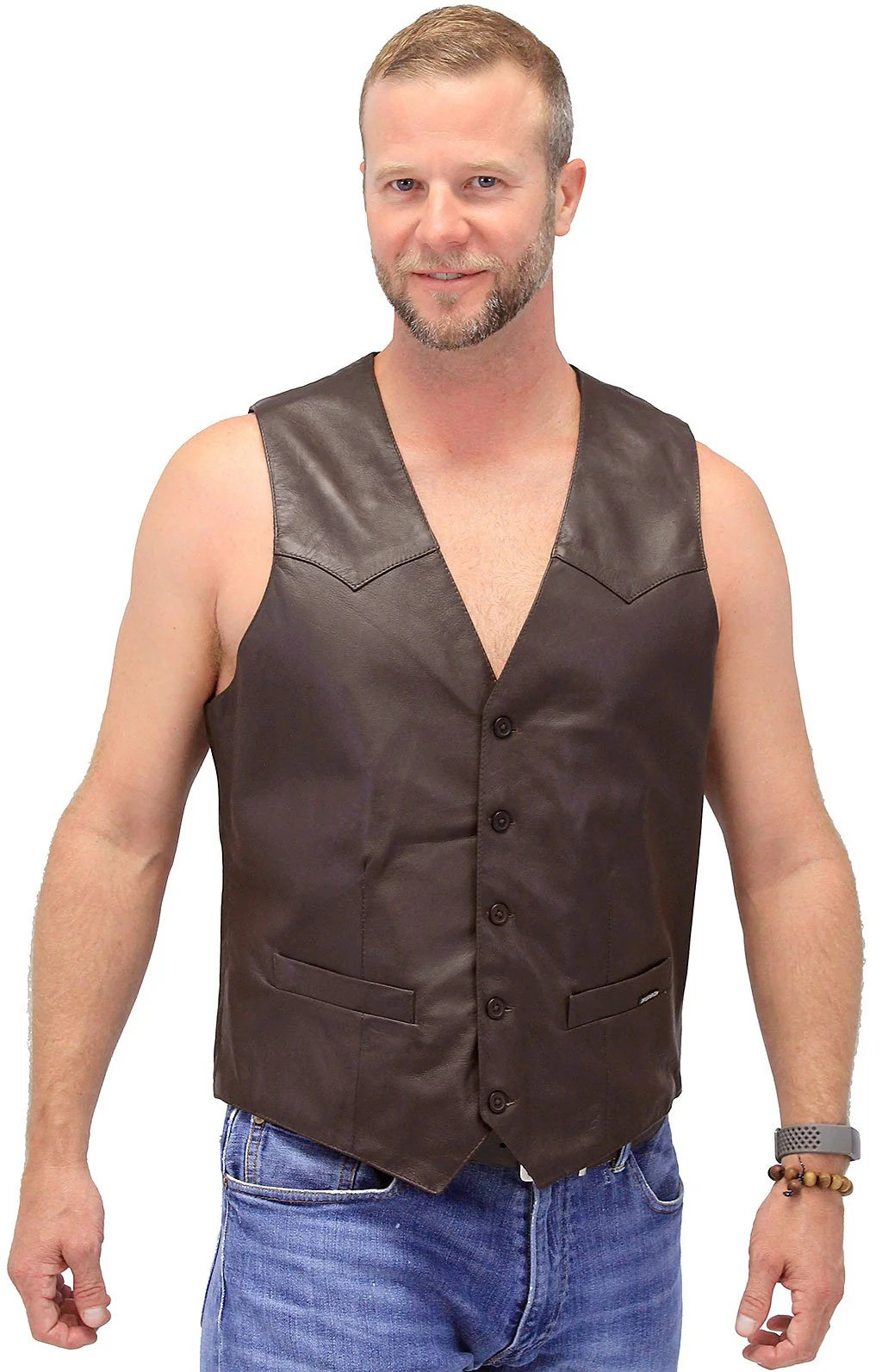 Premium Brown Button Down Lambskin Leather Vest for Men #VM504BTN () - Image 4