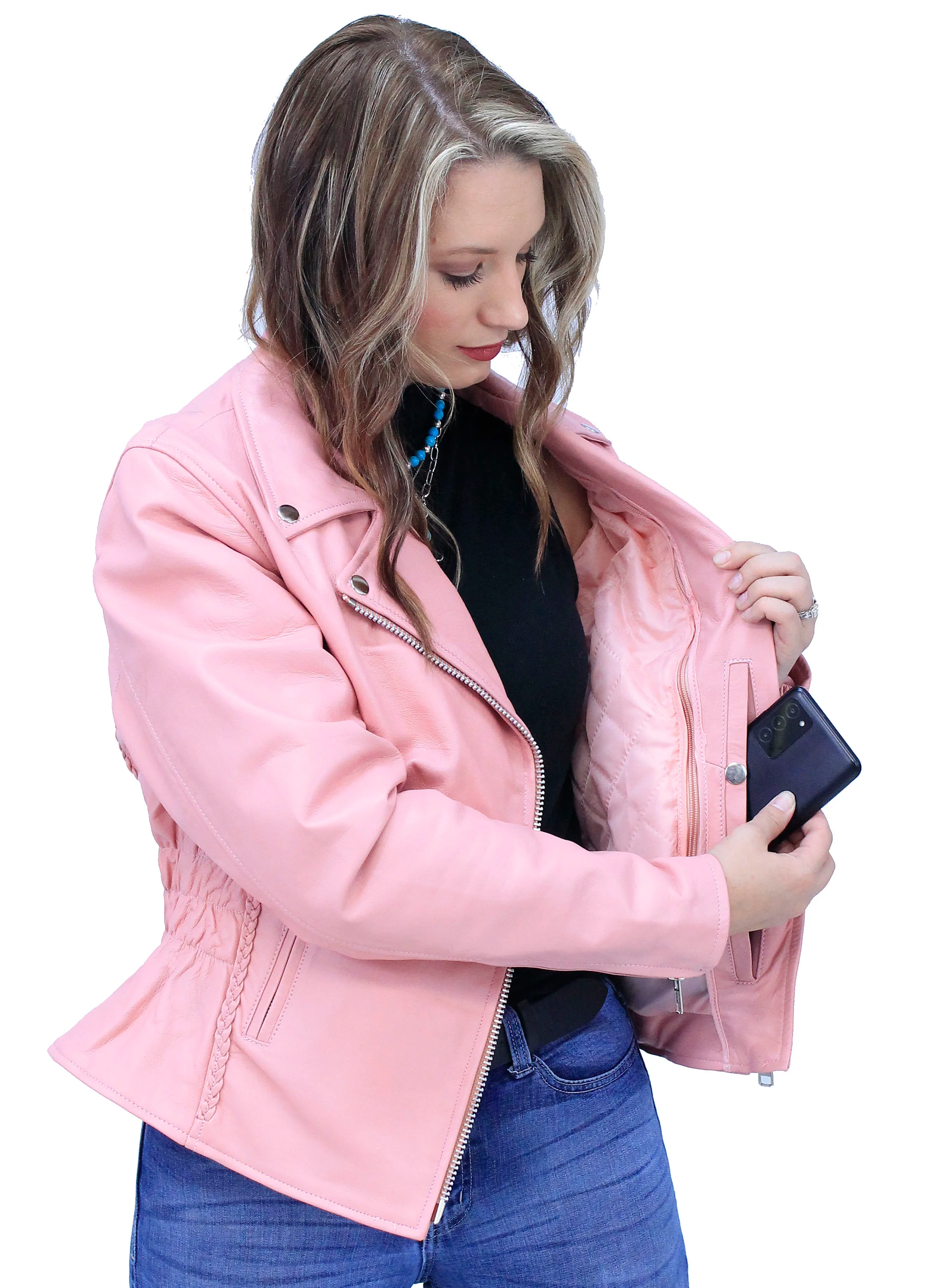 Pink Leather Jacket - Road Angel Motorcycle Jacket #L26522ZP - Image 3