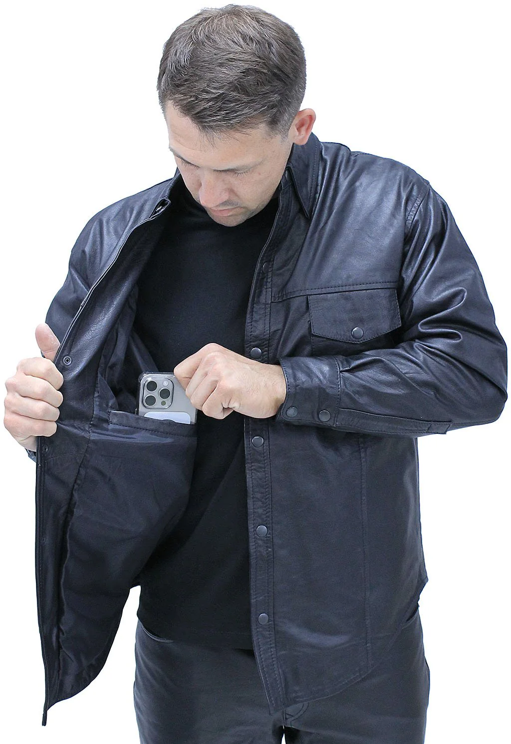 Snap Up Black Leather Shirt #MS1559K - Image 3