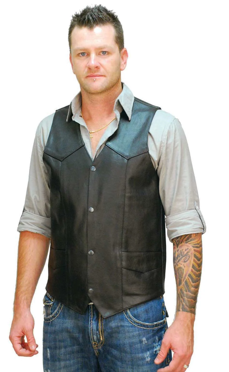 Tall Cowhide Leather Biker Vest #VM604T - Image 3