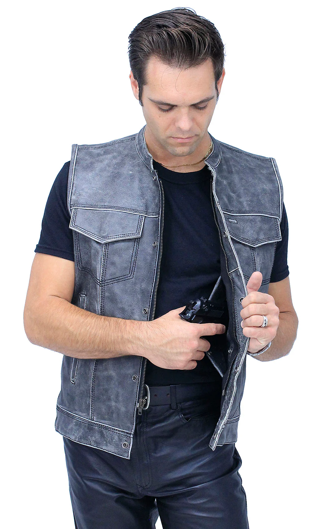Vintage Gray Leather Concealed Pocket Club Vest #VMA6402ZGY - Image 4
