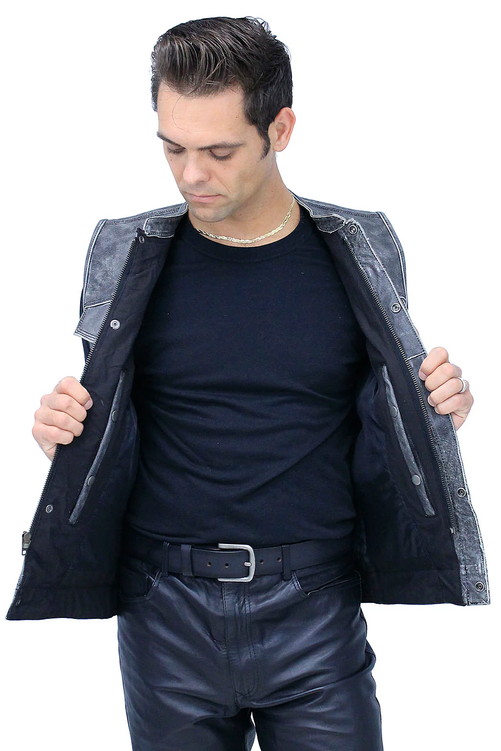 Vintage Gray Leather Concealed Pocket Club Vest #VMA6402ZGY - Image 5