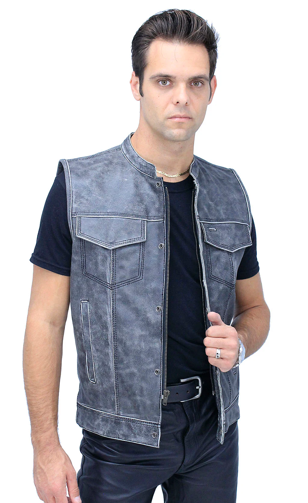 Vintage Gray Leather Concealed Pocket Club Vest #VMA6402ZGY - Image 6