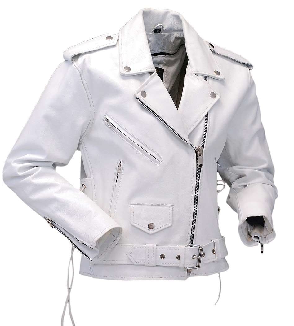 Women's White Leather Motorcycle Jacket w/Side Lace #L6027LW - Image 5