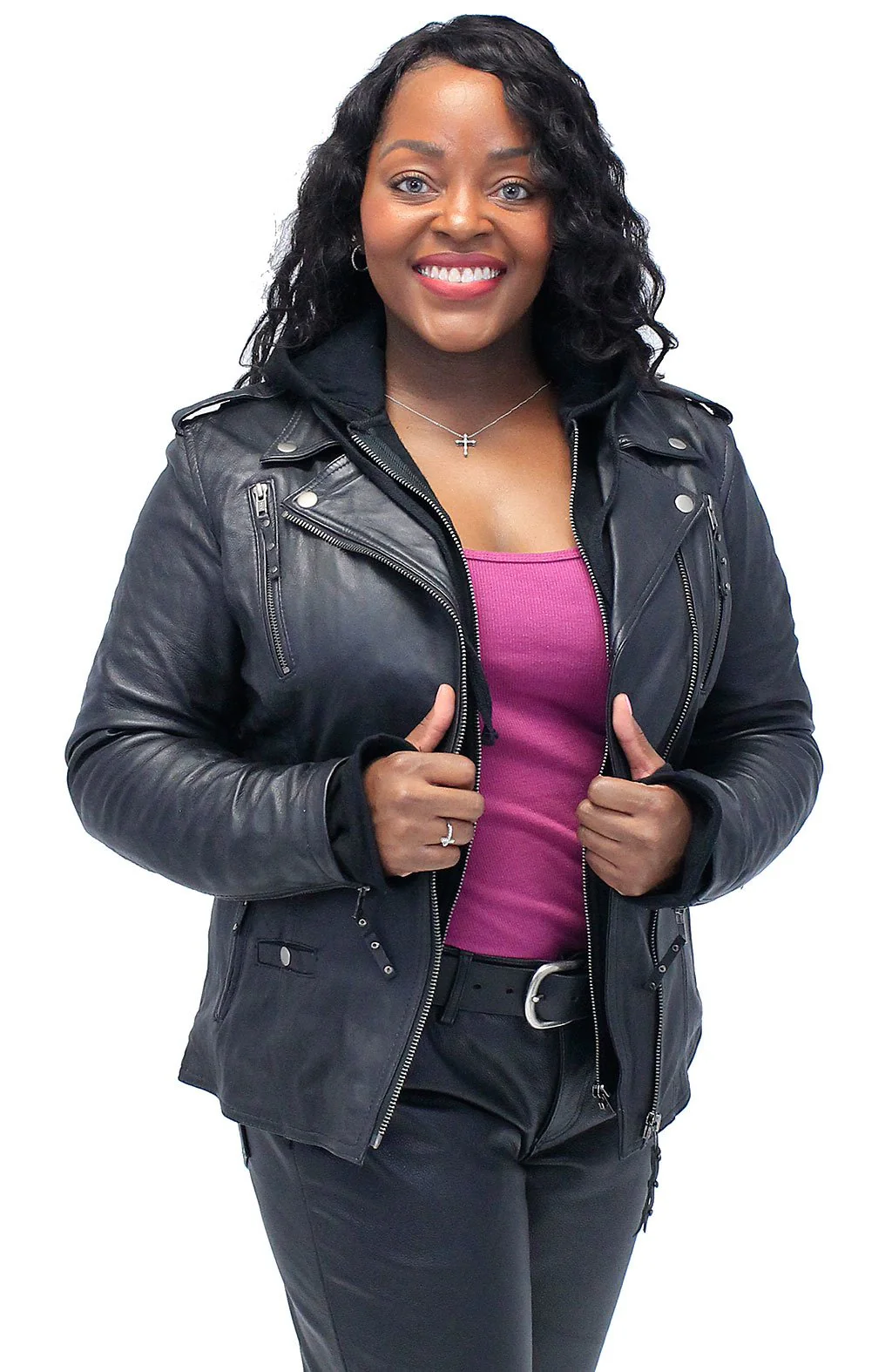 Women's Vented Motorcycle Jacket with Removable Hoodie #L6841HK - Image 4