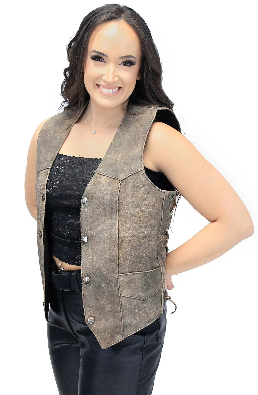 Women's Rustic Brown Leather Side Lace Vest Special #VL618LDN Z (L-XL) - Image 5