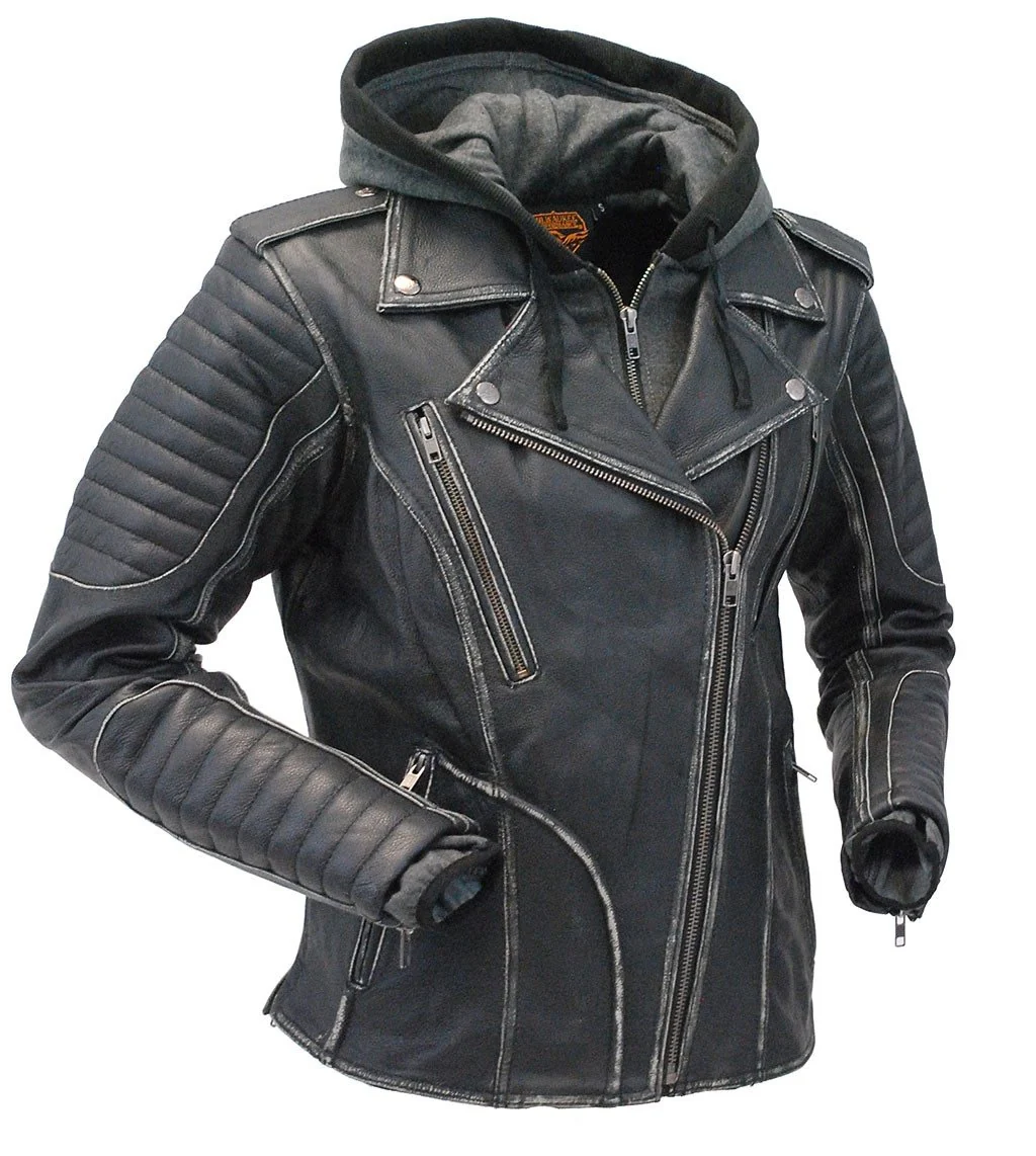 Women's Vented Concealed Pocket Motorcycle Jacket with Hoodie #LA2516VHK - Image 5